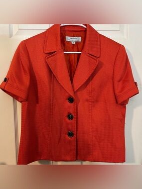 Tahari Short Sleeve Textured Blazer in Orange-Red